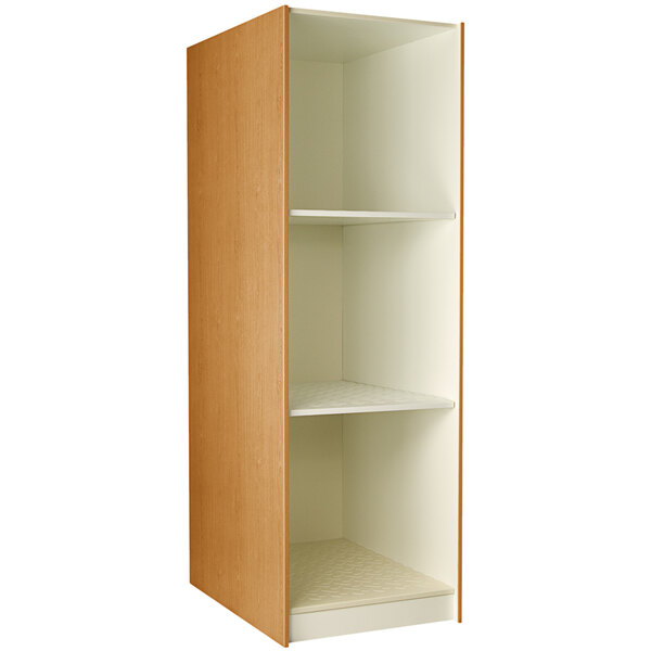 A maple wood I.D. Systems instrument storage cabinet with shelves.