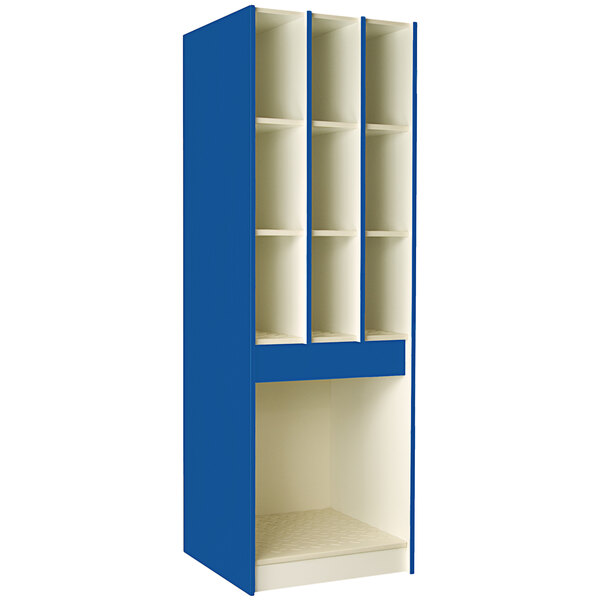 A royal blue I.D. Systems instrument storage cabinet with shelves.