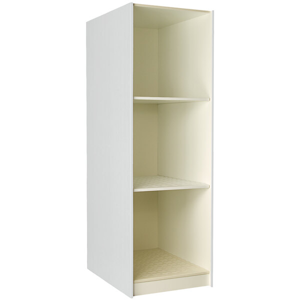 A grey storage cabinet with shelves.