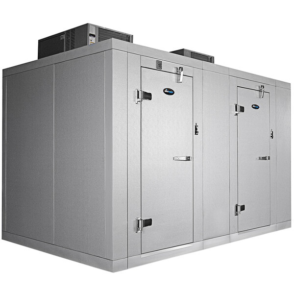 An Amerikooler floorless walk-in cooler freezer combination with two doors open.