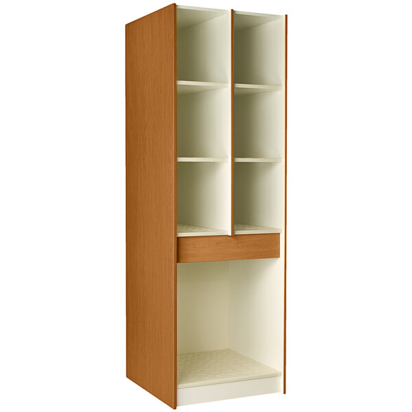 A tall wooden I.D. Systems storage cabinet with shelves and doors.