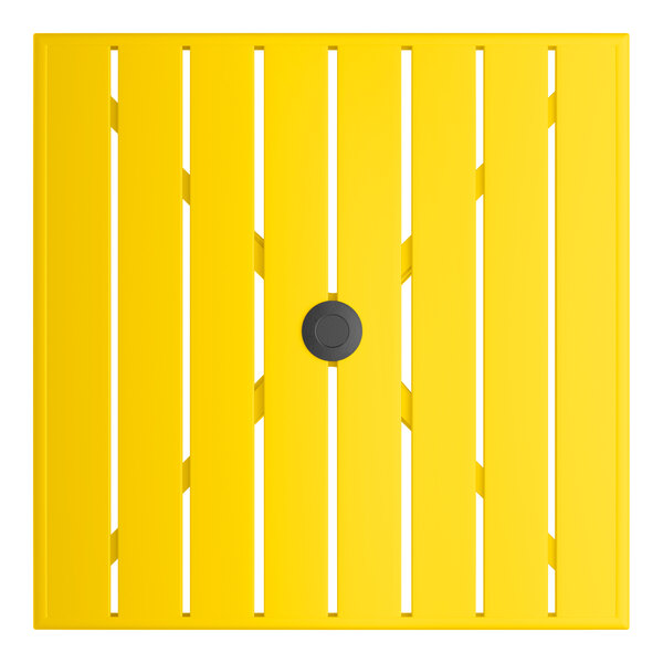 A square yellow powder-coated aluminum outdoor dining table with slatted design and an umbrella hole in the center.
