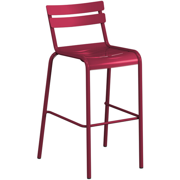 A red powder coated aluminum outdoor barstool with a white back.