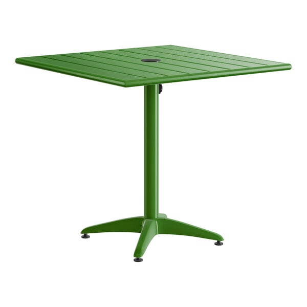 Lancaster Table & Seating 32" x 32" Green Powder-Coated Aluminum Dining Height Outdoor Table with Umbrella Hole