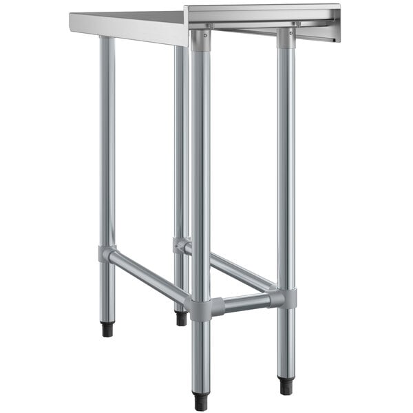 A Regency stainless steel filler table with a metal base and backsplash.