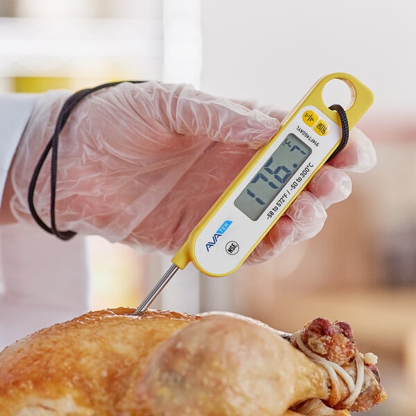 A person using an AvaTemp digital folding probe thermometer to check a turkey's temperature.