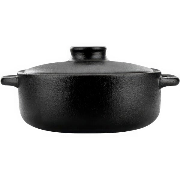 A black stoneware casserole dish with a lid.