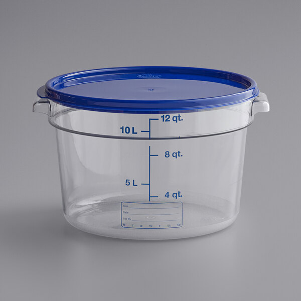 A clear plastic Vigor food storage container with a blue lid.