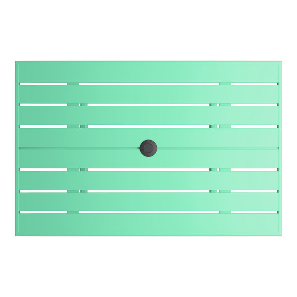 A rectangular sea foam powder-coated aluminum outdoor dining table with an umbrella hole in the center.