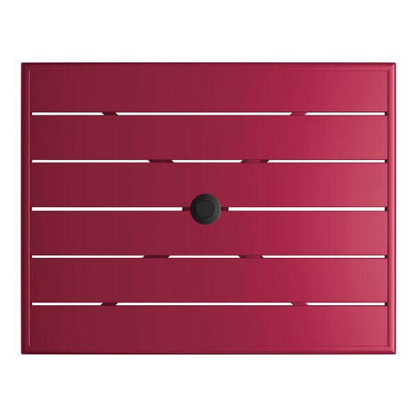 A rectangular sangria-colored powder-coated aluminum outdoor dining table with slatted top and an umbrella hole in the center.
