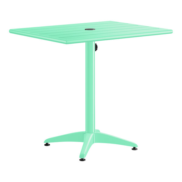 A rectangular seafoam powder-coated aluminum outdoor dining table with an umbrella hole in the center.