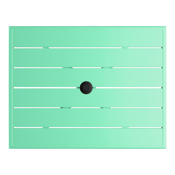 A rectangular seafoam powder-coated aluminum outdoor dining table with an umbrella hole in the center.