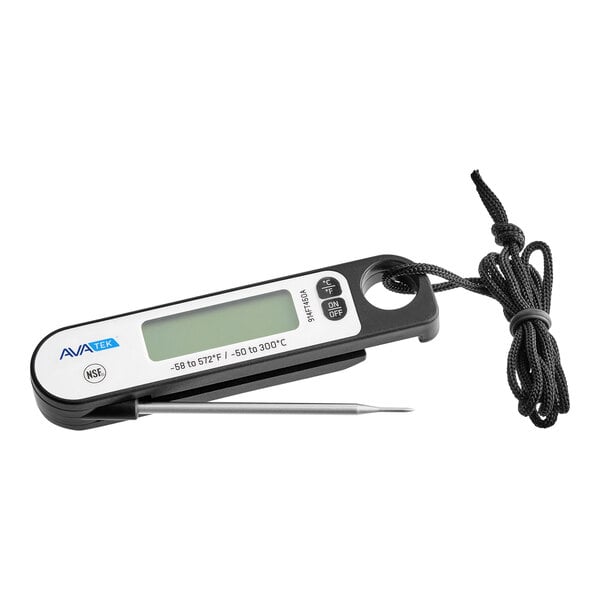 A black AvaTemp digital thermometer with a folding probe.