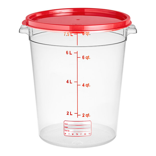 A clear plastic Vigor food storage container with red lid.