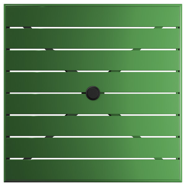 A green square table with a black umbrella hole.