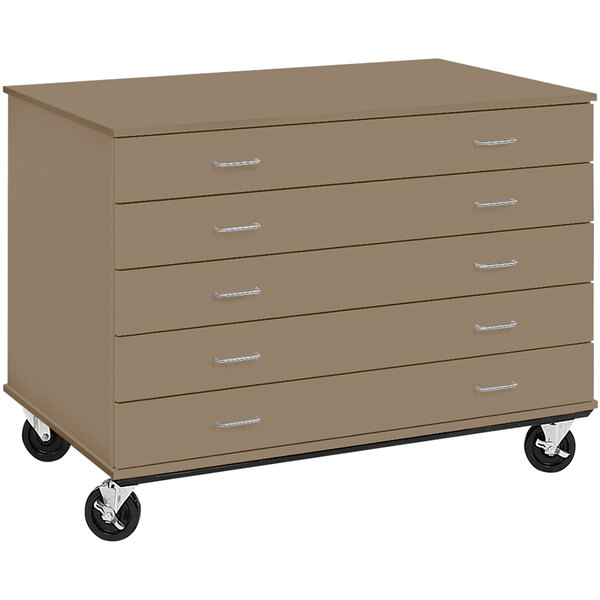 A brown I.D. Systems mobile storage cabinet with five drawers on wheels.