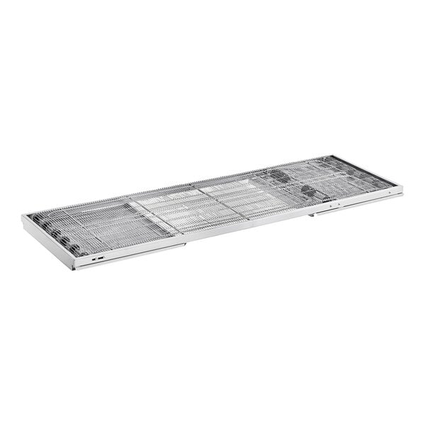 A stainless steel conveyor belt with a handle.