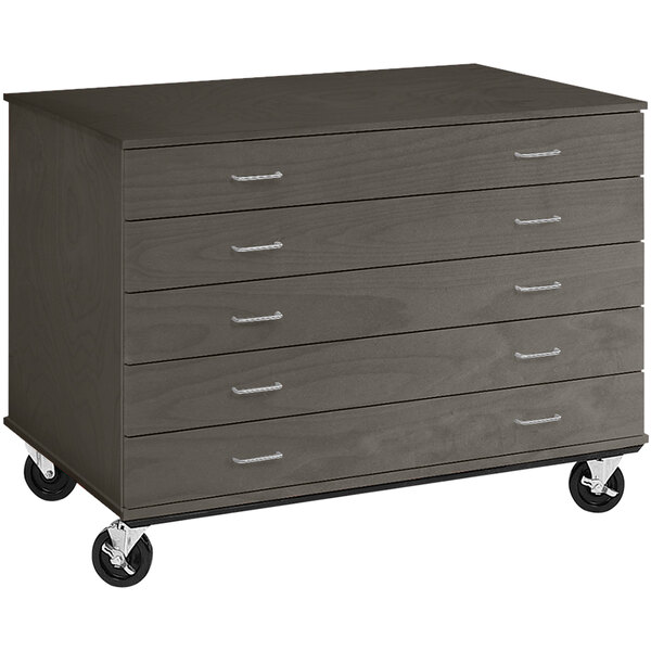 A dark elm mobile storage cabinet with five drawers on wheels.