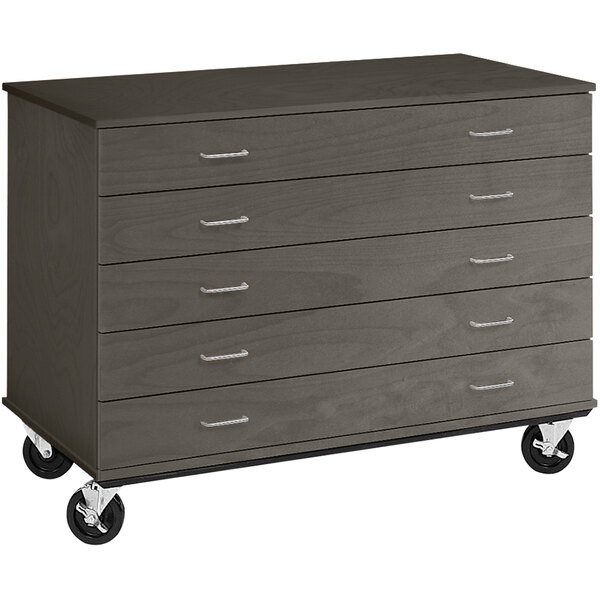 A grey mobile storage cabinet with wheels.