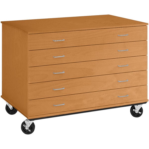 a wooden drawer on wheels