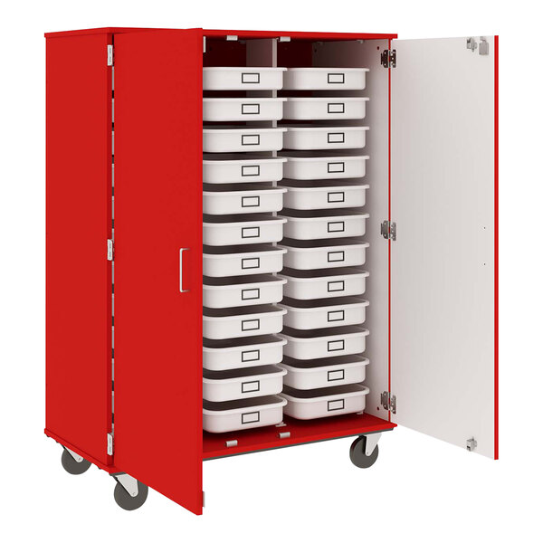 A red I.D. Systems mobile storage cabinet with white trays.