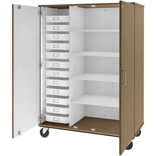A large wooden cabinet with shelves and drawers.