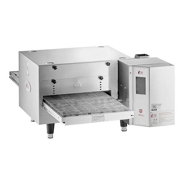 A Cooking Performance Group countertop conveyor oven with a door open.