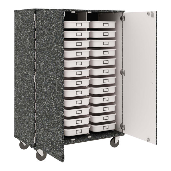 A graphite gray I.D. Systems mobile storage cabinet with white drawers and black labels.