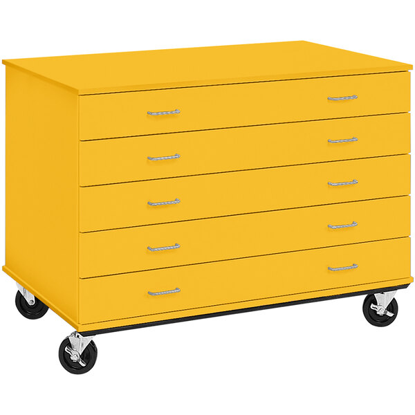 a yellow drawer on wheels