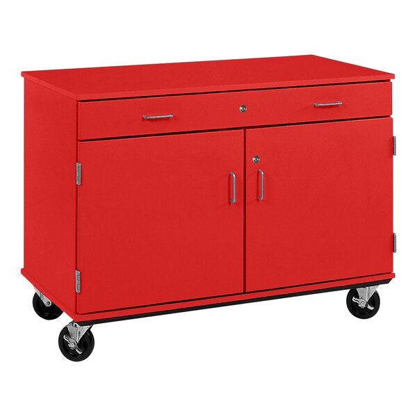 A red I.D. Systems mobile storage cabinet on wheels.