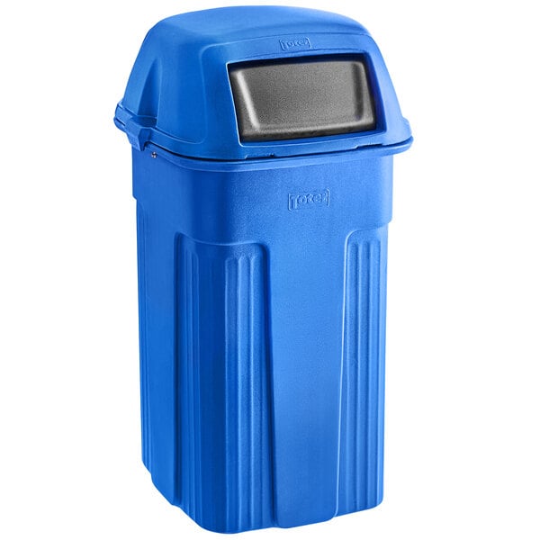 a blue plastic trash can