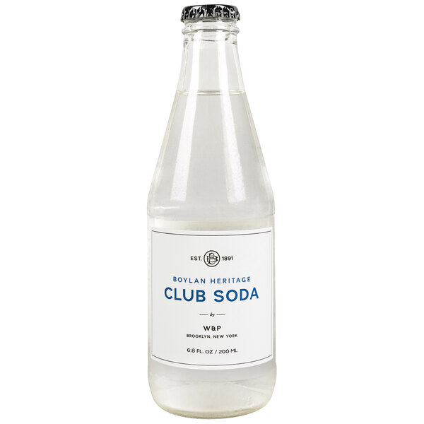 A Boylan Bottling Co. clear club soda bottle with a white label.