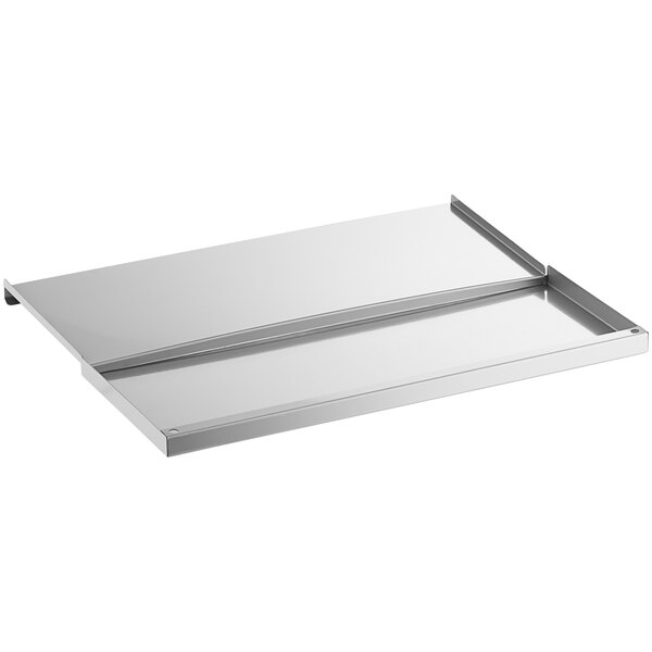A stainless steel lid with two sliding sides on a white rectangular tray.