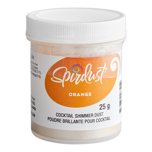 A plastic jar with a white lid containing orange cocktail shimmer dust, labeled 'Spirdust Orange' and '25 g'.