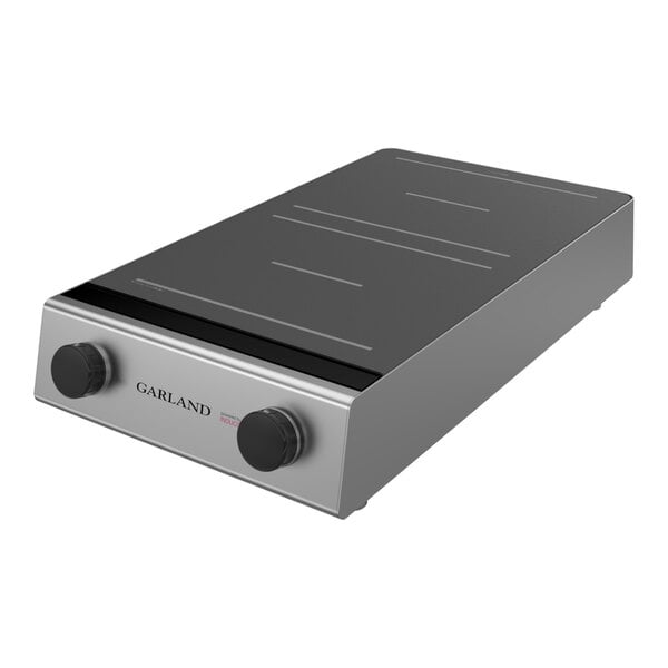 A dual electric induction countertop range with two control knobs and a sleek, flat cooking surface.
