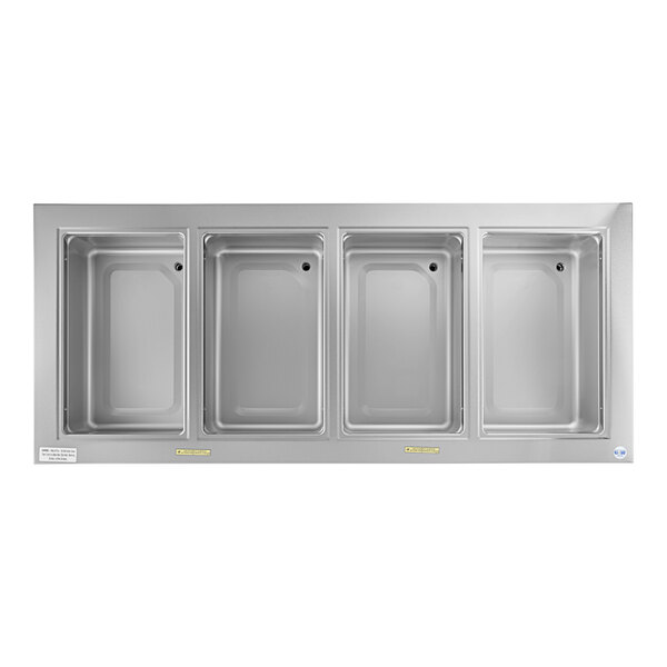 A white rectangular Delfield drop-in hot food well with four compartments.