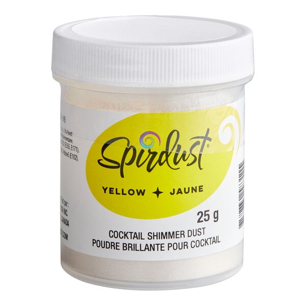 A clear plastic container with a white lid, labeled 'Spirdust Yellow Cocktail Shimmer Dust 25g' with a yellow and white design.