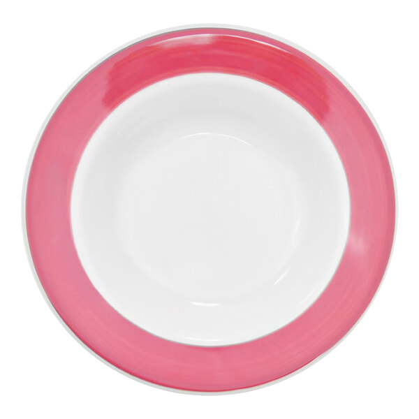 A red pasta bowl with a white circular surface and a pink rim.