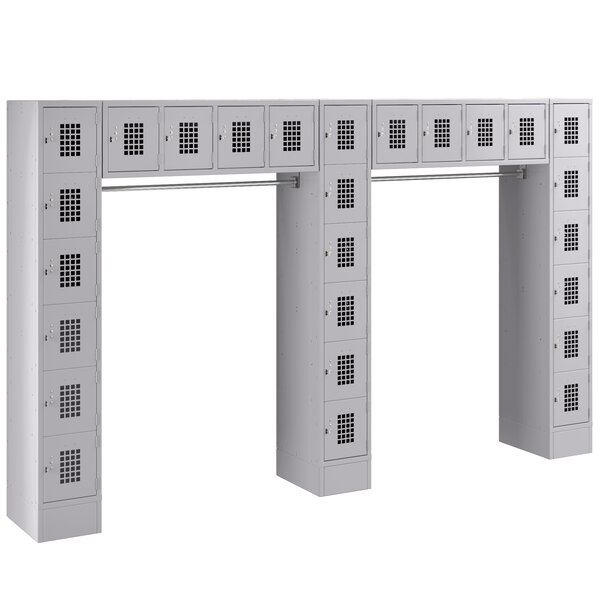 A gray Regency locker with 26 compartments and metal rods.