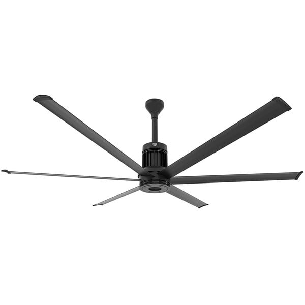 A black Big Ass Fans outdoor ceiling fan with three blades.