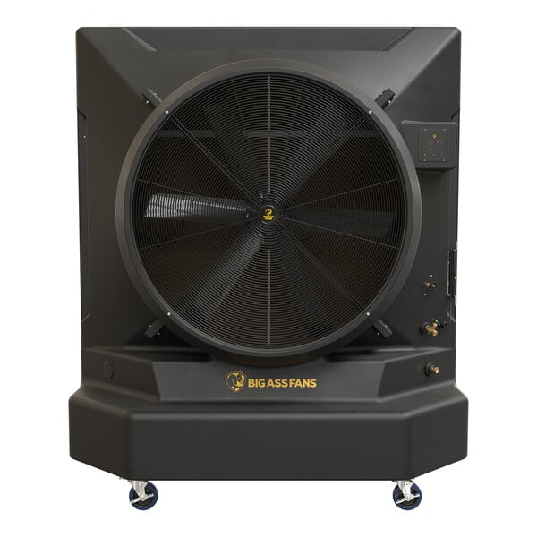 A large black industrial evaporative swamp cooler on wheels designed for cooling spaces up to 6,500 square feet.