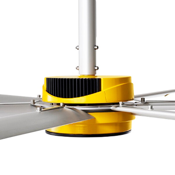 A yellow and silver Big Ass Fans ceiling fan with metal blades.