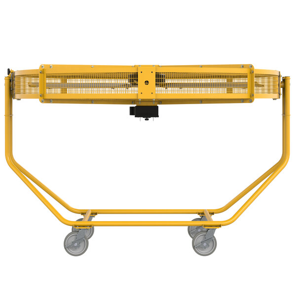 A yellow metal object with wheels.