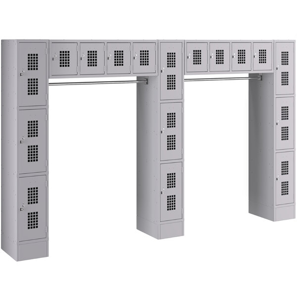 A group of gray Regency lockers with 17 compartments and garment racks.