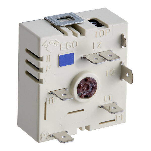 A white square Vollrath Infinite Switch with metal buttons and red wires.