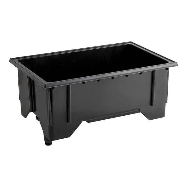 A black rectangular Vollrath ServeWell well assembly container with wheels.