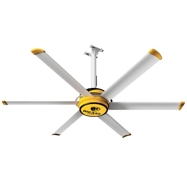 A yellow and silver Big Ass Fans ceiling fan with white blades.