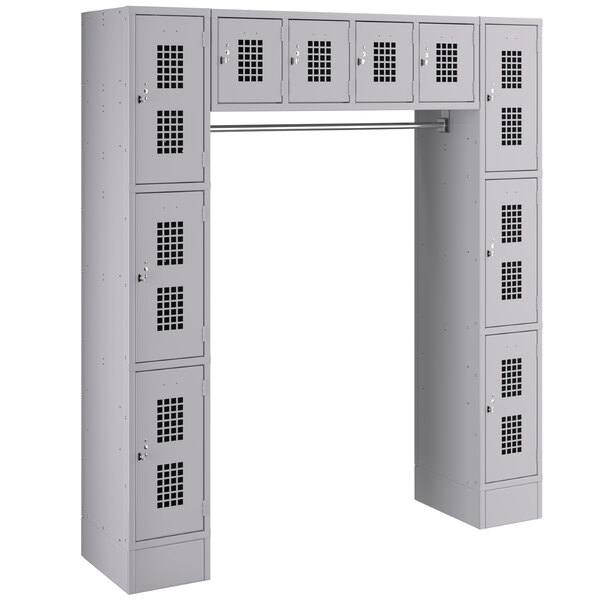 A grey Regency locker with 10 compartments and a garment rack.