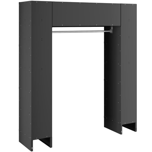 A black metal rectangular locker with 16 compartments and a metal bar.