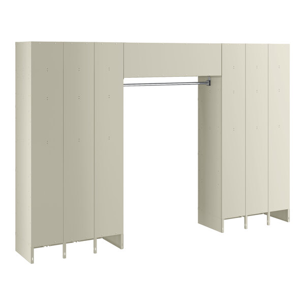 A beige Regency locker with metal compartments and a garment rack.